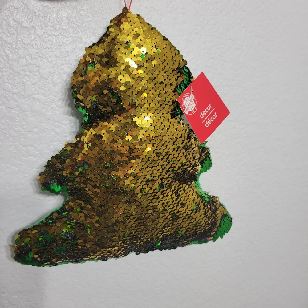 Sparkly Christmas Tree Flip Sequins Pillow, reversible green & gold  NEW